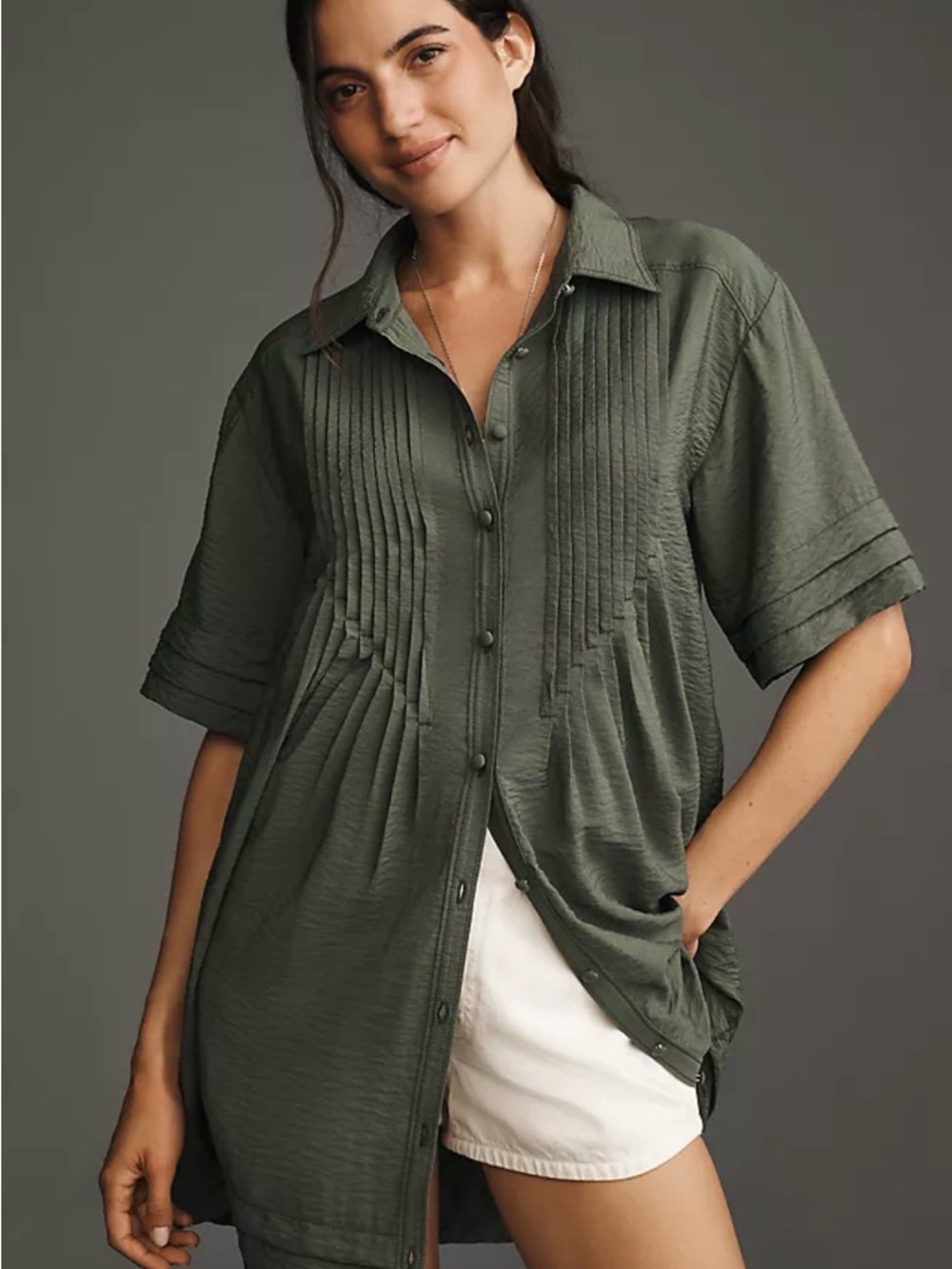 Pilcro Olive Green Pintuck Button-Down Dress